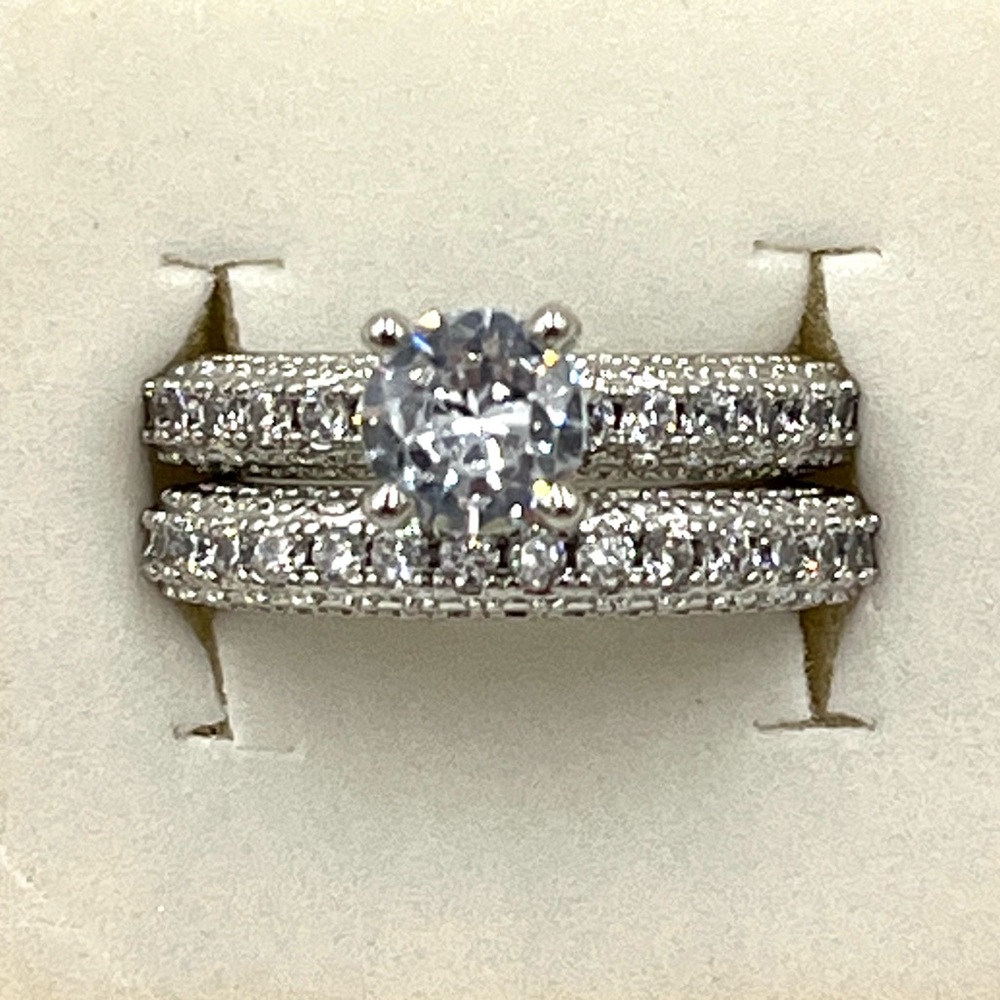 NEW Sterling Silver White Sapphire & Diamond Wedding Ring Set Size 6